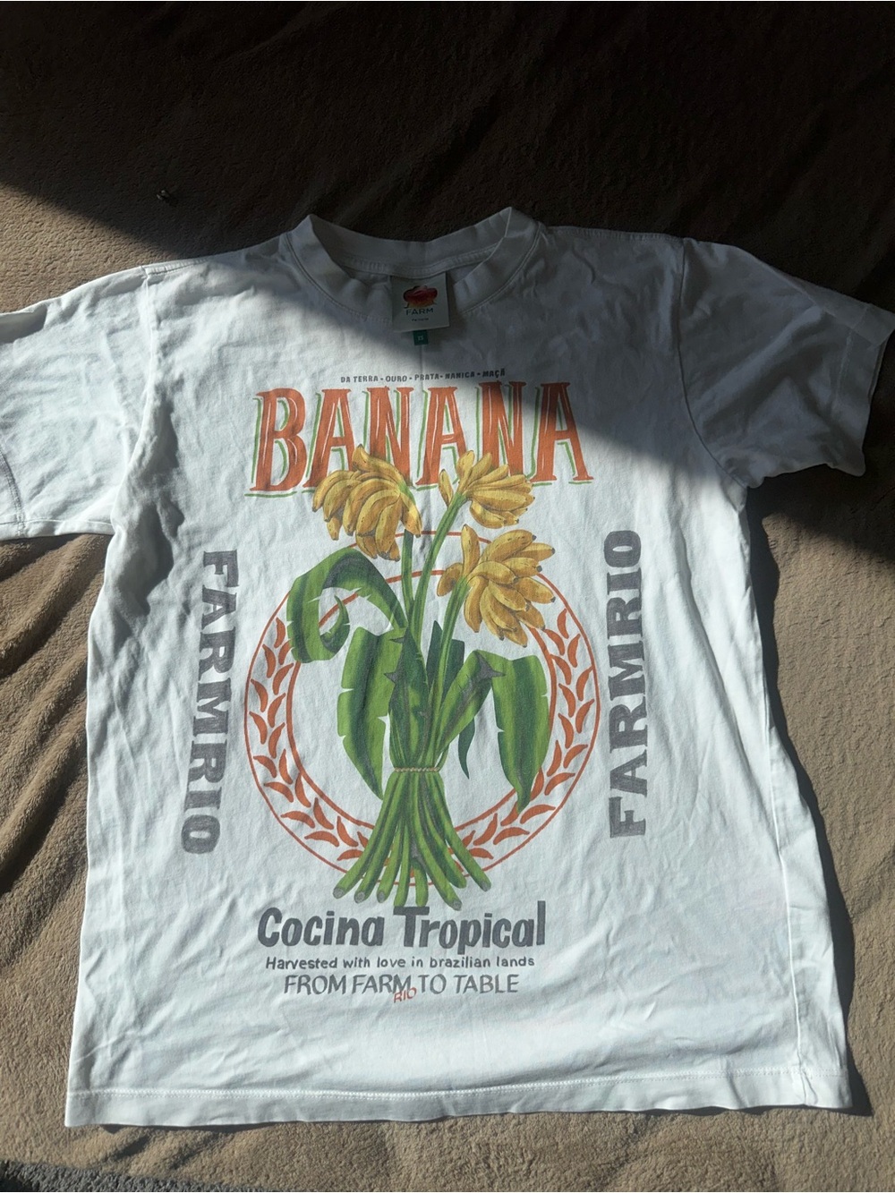 FARM Rio White Tee with Yellow Banana Graphic & Green Leaves